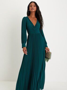 Lulus Sophisticated Grace Emerald Green Pleated Long Sleeve Maxi Dress - Size S